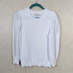 04132 Loft white cotton sweater with puffy eyelet sleeves M NWT